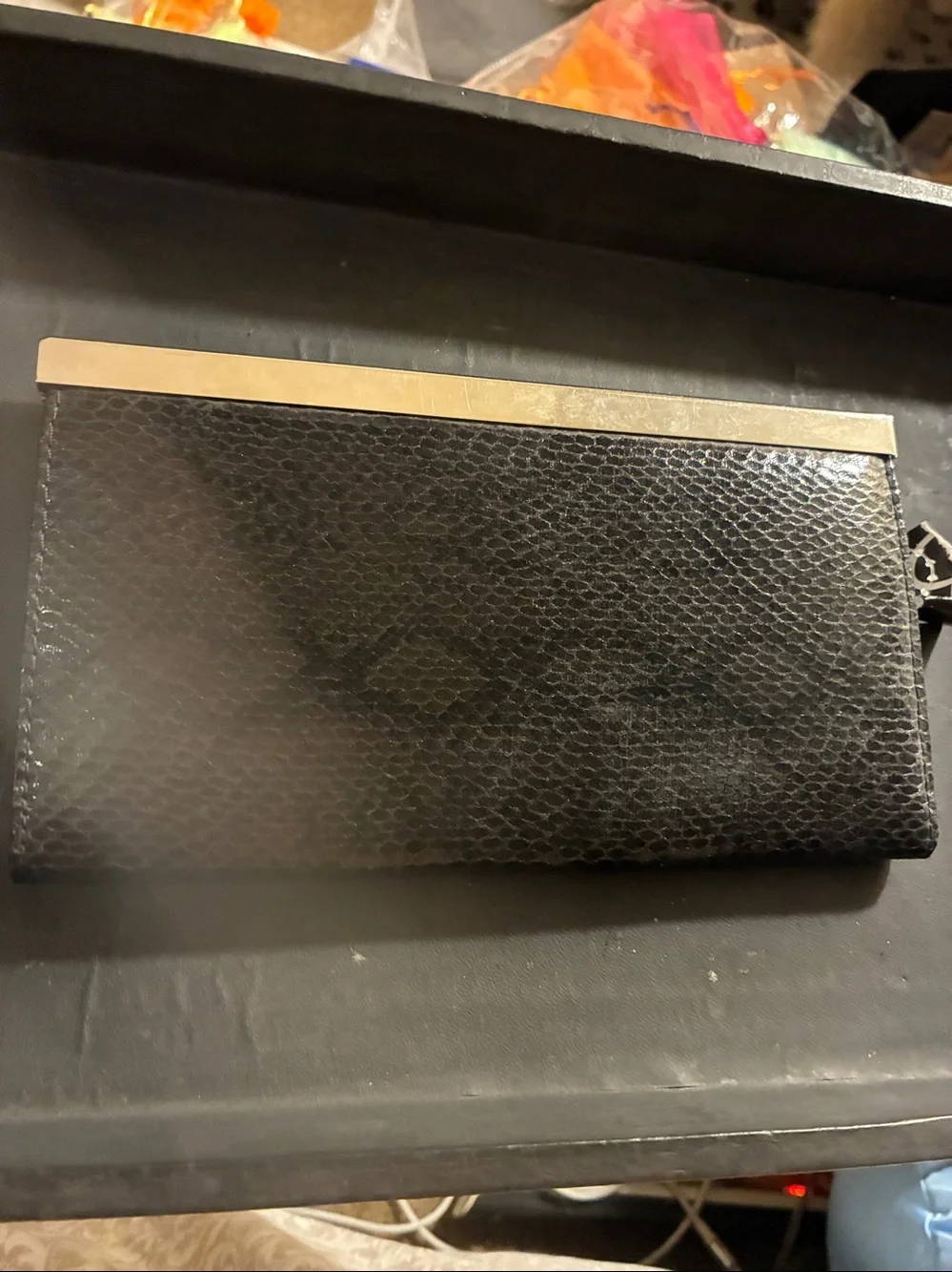 Black Faux Snakeskin Clutch with Silver Frame